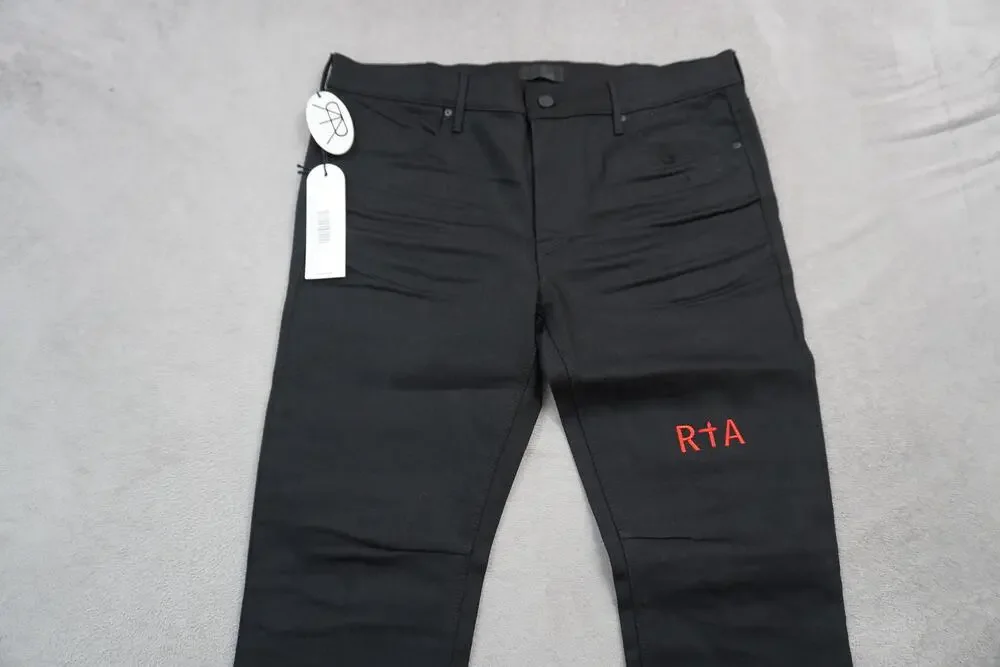 RTA Bryant I Jeans Men 34x32 Black Slim Straight Red Cross Embroidered Denim NWT